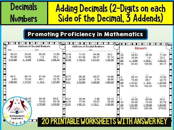 Adding Decimals Worksheets (Hundredths, 3 Addends) Math Problems