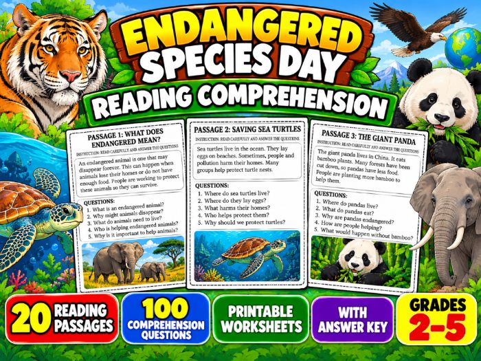 Endangered Species Day Reading Comprehension | 20 Passages with Answer Key