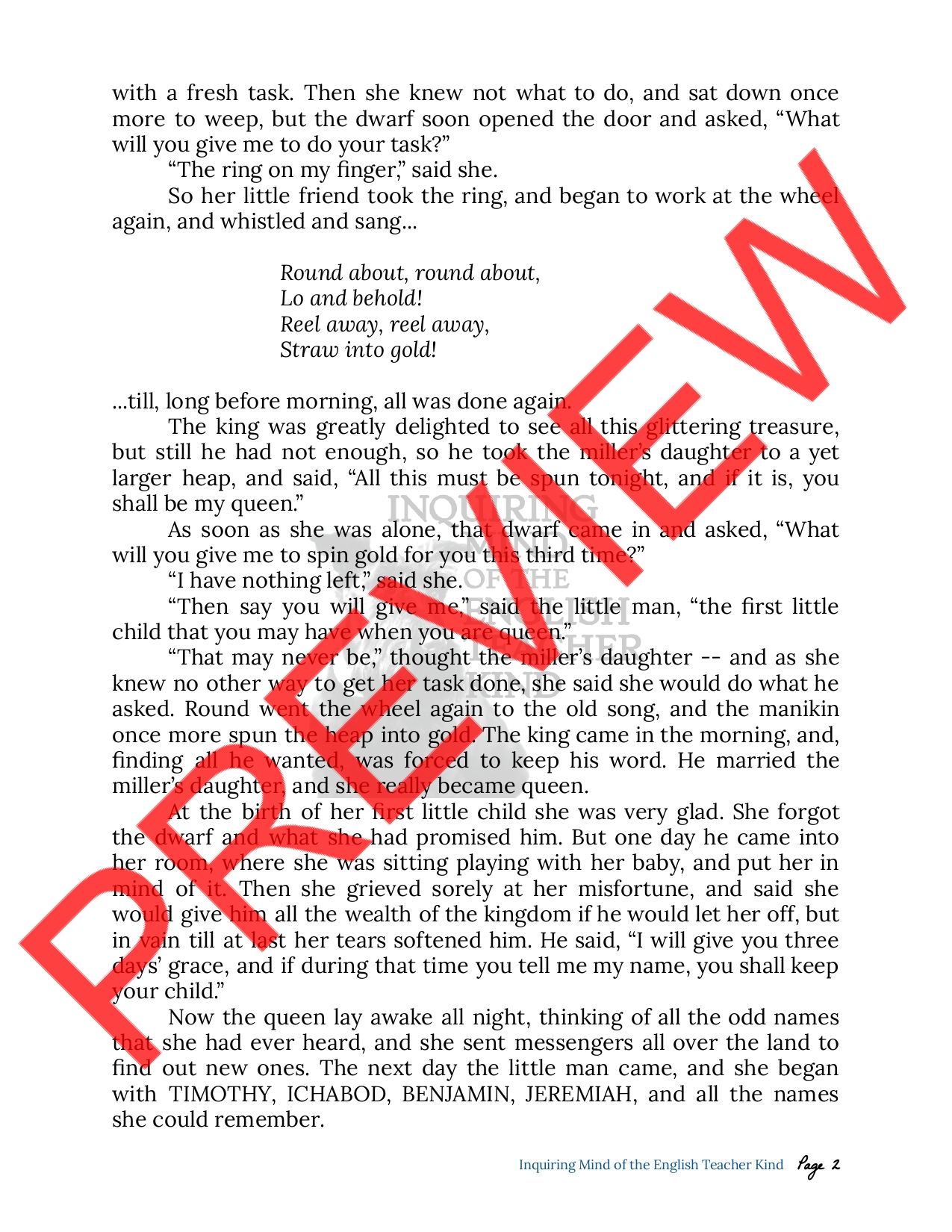 "Rumpelstiltskin" by the Brothers Grimm Quiz and Answer Key Teaching