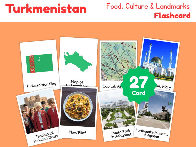 Turkmenistan Geography Flashcards | 27 Printable Country Study Cards