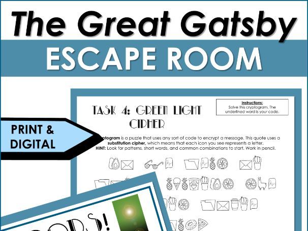 The Great Gatsby Unit Review Activity Escape Room - Characters, Plot, Puzzles