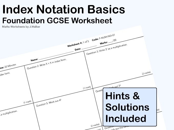 GCSE Maths Worksheet: Index Notation Basics - Foundation Tier
