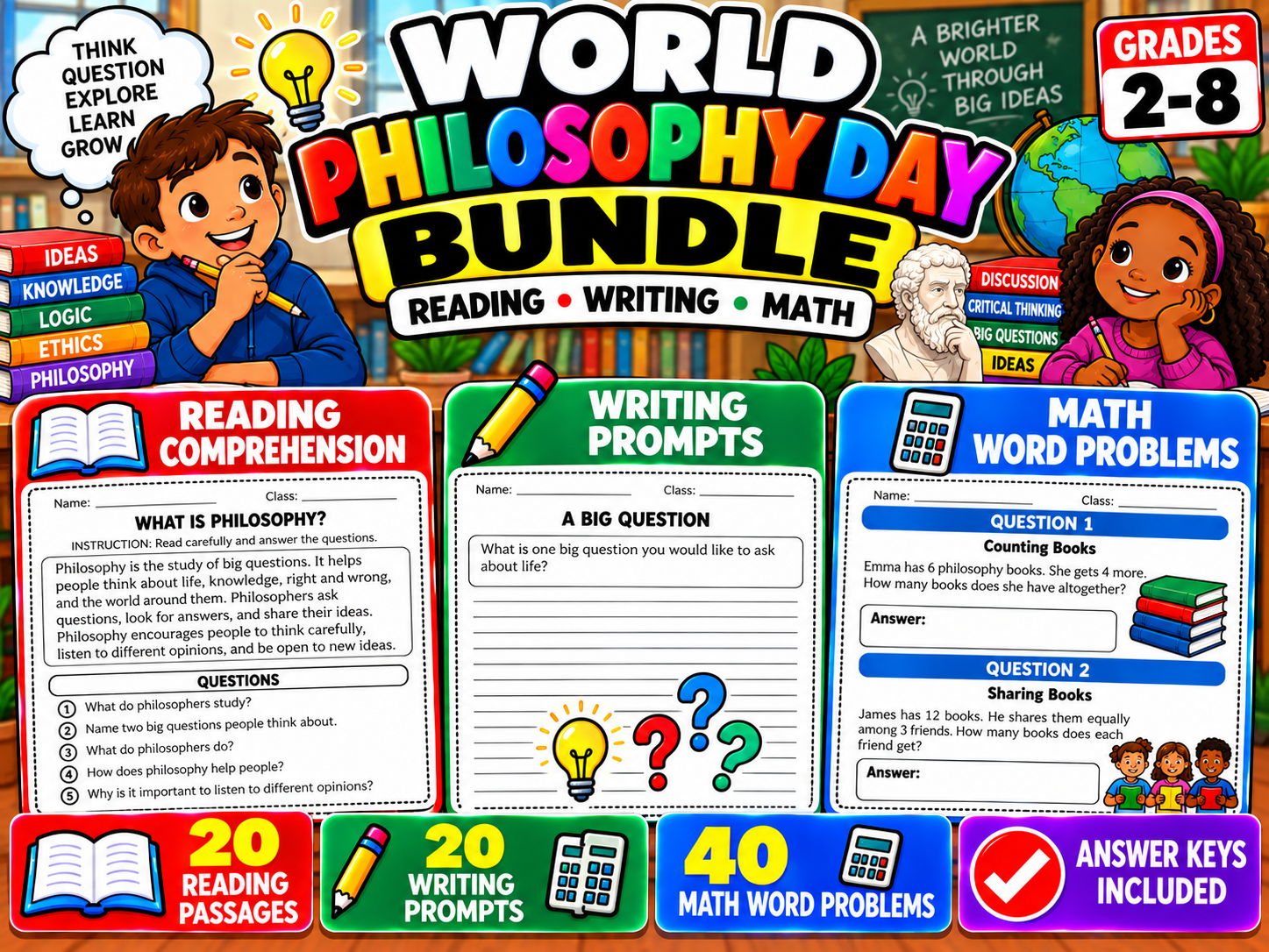 World Philosophy Day Activities Bundle | Reading, Writing & Math | Grades 2–8