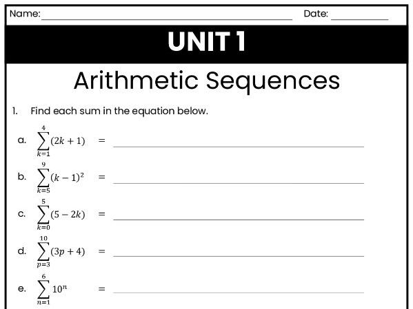 IB Math AI Worksheet 1.2 - Arithmetic Sequences