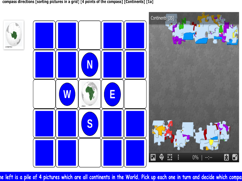 compass directions [sorting pictures in a grid] [4 points of the compass] [Continents] [1a]