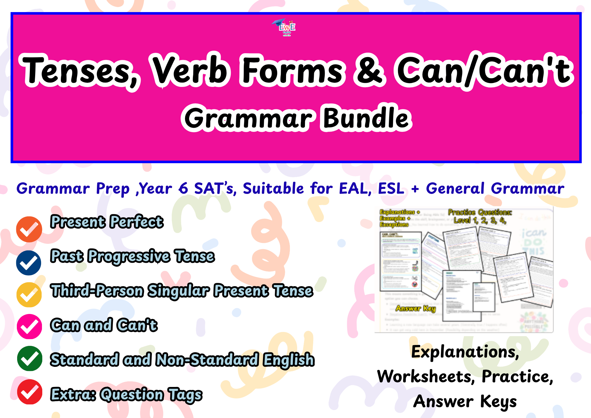 Tenses, Verb Forms & Can/Can't-English Verb Grammar Worksheets Bundle