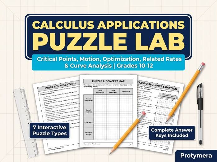 Calculus Applications Puzzle Lab: Critical Points, Motion, Optimization, Rates and Curve Analysis