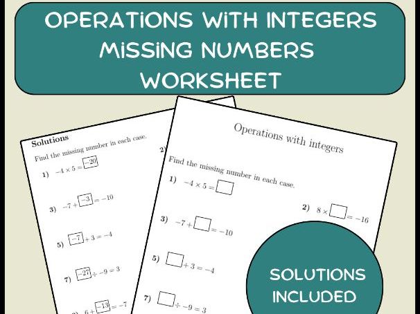 Operations with Integers Missing Numbers Worksheet (with answers)