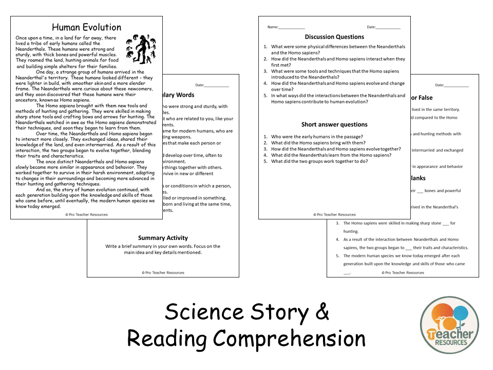 Human Evolution Reading Science Story Comprehension Questions Worksheet ...