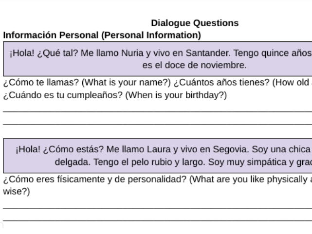 Spanish Dialogue Questions (Junior Cycle)