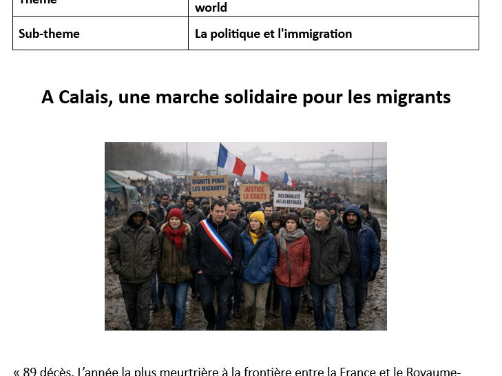 AQA A Level French stimulus card worksheet - A Calais, une marche solidaire pour les migrants