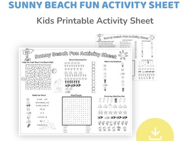 Sunny Beach Fun Activity Sheet | 6-in-1 Kids Printable (Instant Download)