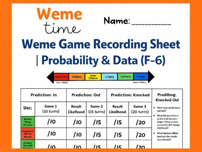 Weme Game Recording Sheet | Probability & Data (F–6)