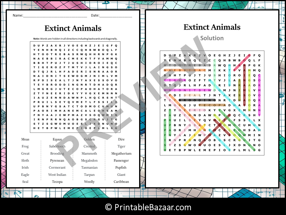 Extinct Animals Word Search Puzzle Worksheet Activity | Teaching Resources