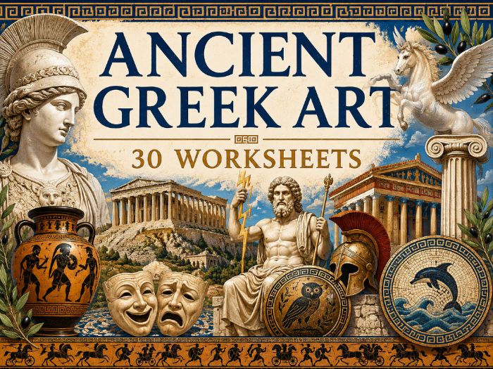 Ancient Greek Art Worksheets | 30 Drawing Activities | KS2 KS3 Art Cover Lessons | Greek Mythology |