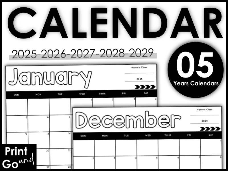 2025 2026 2027 2028 2029 Blank Monthly Calendar Template 5 Years Calendars