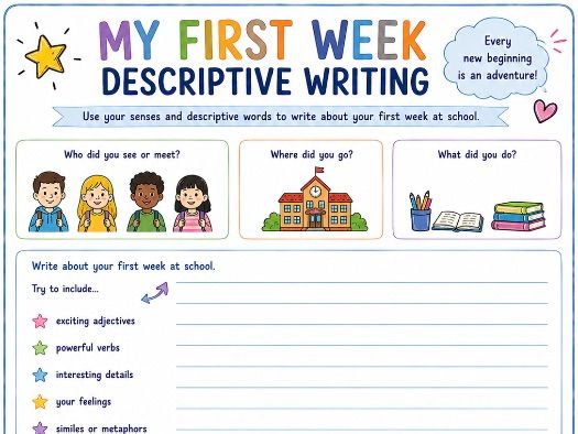 First Week Descriptive Writing Activity | KS2 Back to School Writing Worksheet