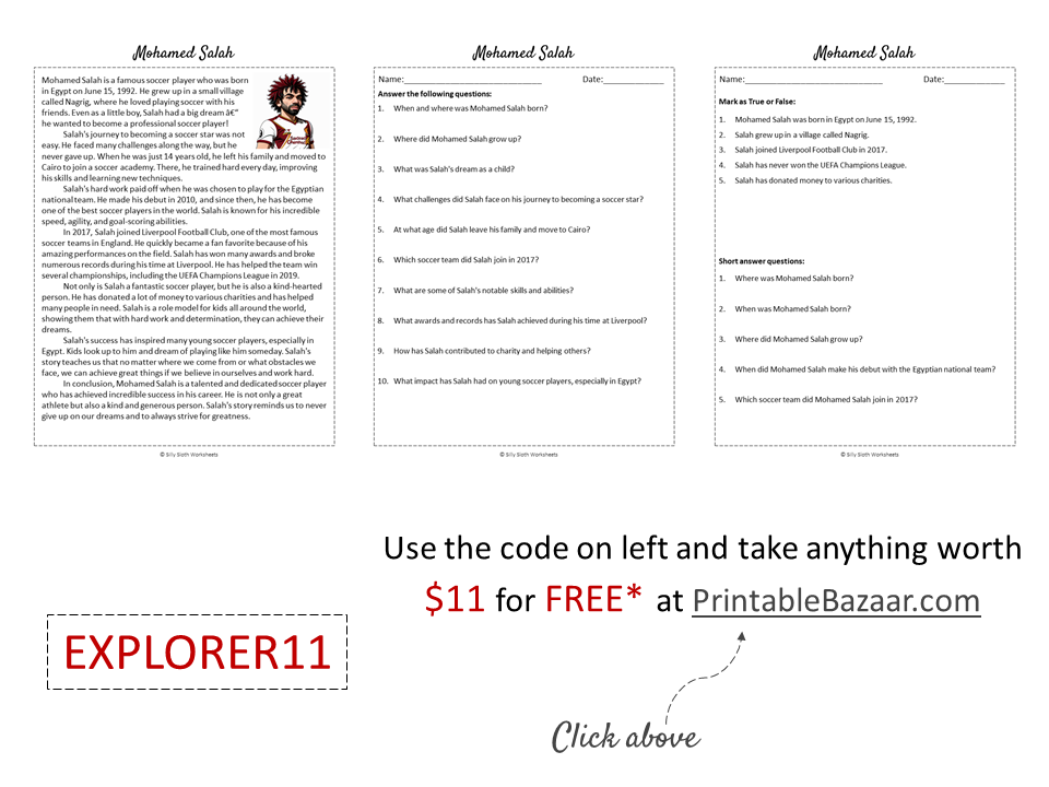 Mohamed Salah Biography Reading Comprehension Passage Printable Worksheet PDF | Teaching Resources