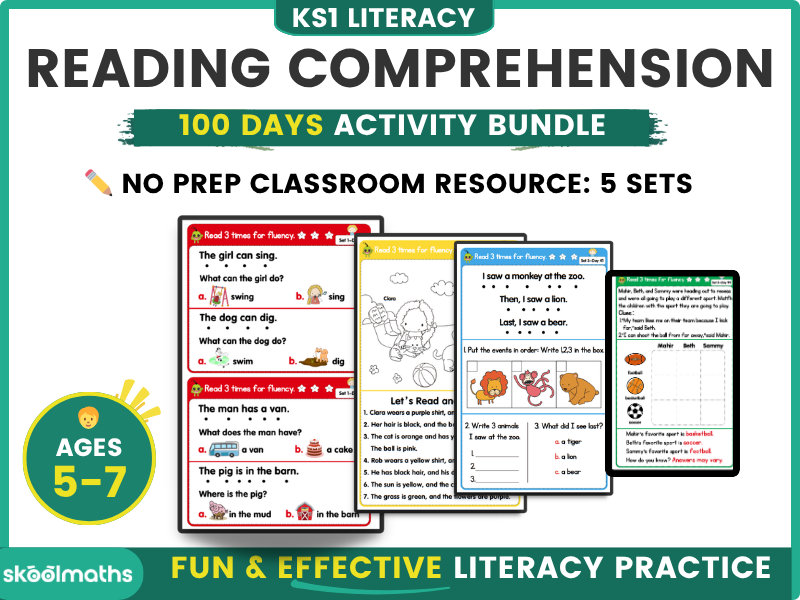 100 Days of Fun Reading Worksheets Bundle for Year 1 and Year 2