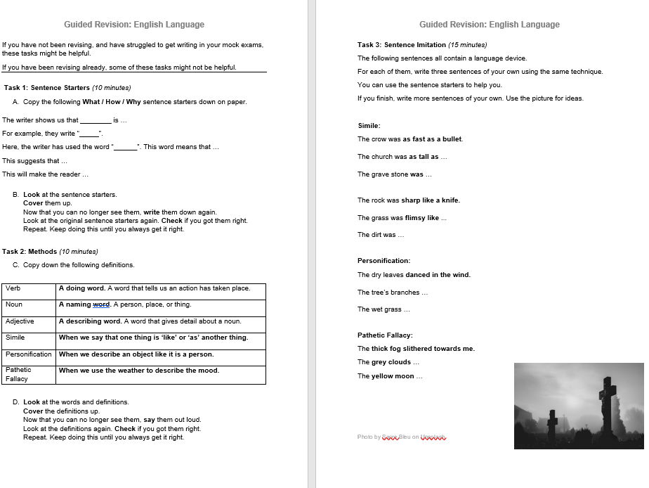 Language Paper 1 Revision Sheet