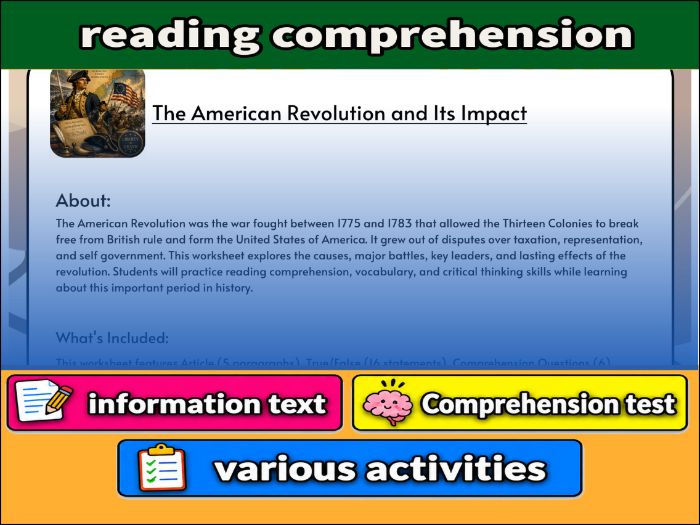 The American Revolution and Its Impact - Comprehension Test & Activities