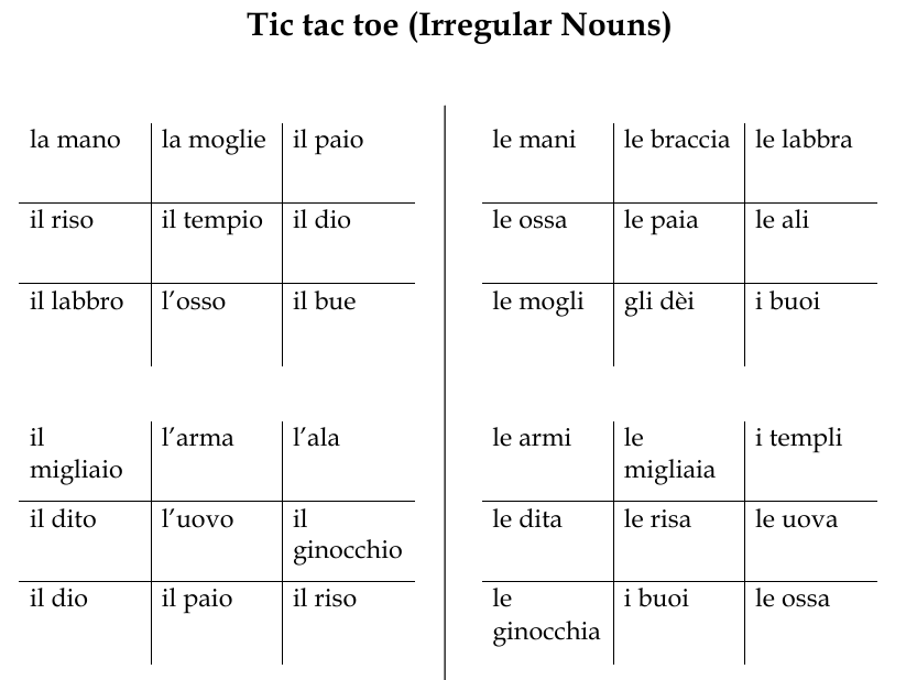 Tic Tac Toe Irregular Italian Nouns