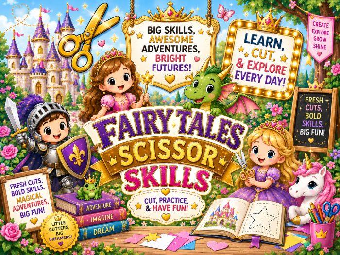 Fairy Tales Scissor Skills Worksheets | Cutting Practice Fine Motor Activities | Preschool–1st Grade