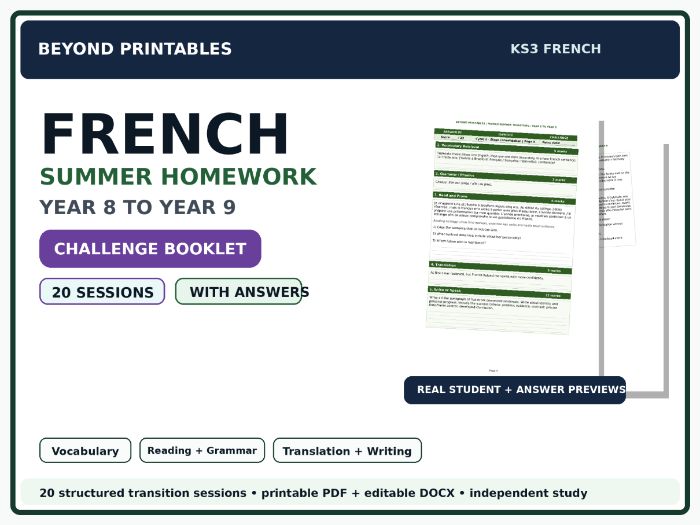 French Summer Homework Booklet Year 8 to Year 9 Challenge with Answers