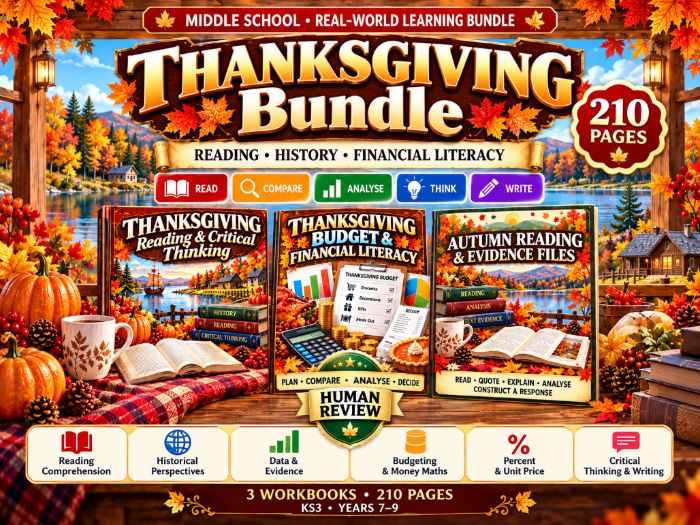 Thanksgiving & Autumn Learning Bundle | KS3 Reading, History, Financial Literacy | 210 Pages