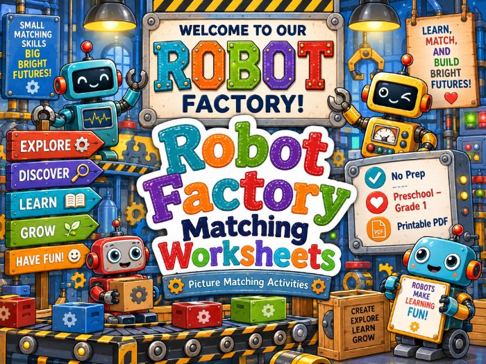 Robot Factory Matching Worksheets | Preschool Kindergarten 1st Grade Activities