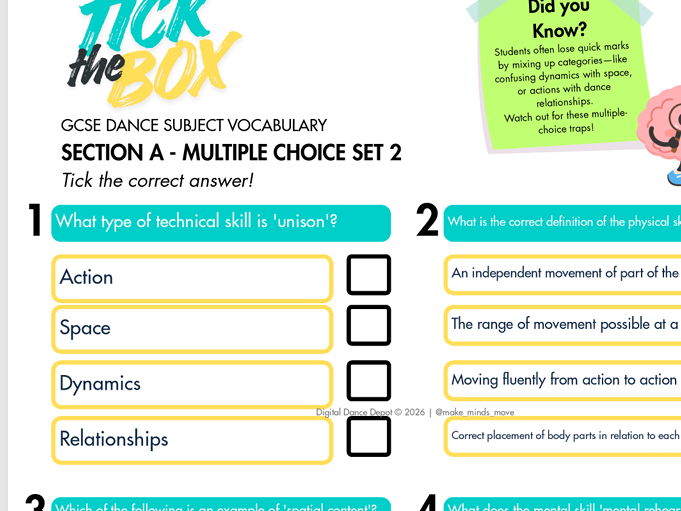 GCSE Dance Section A multiple choice Set 2