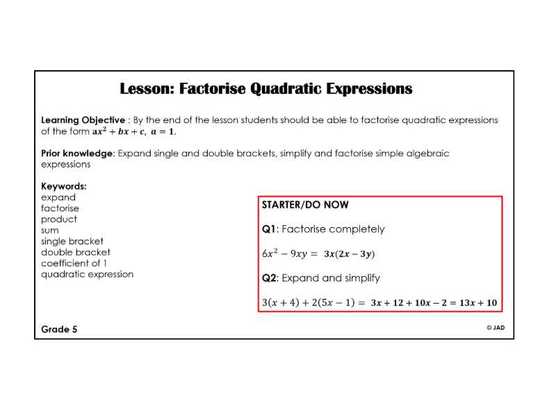 Factorise Quadratic Expressions PP with Past Paper Questions IGCSE/GCSE (1-9) with Answers