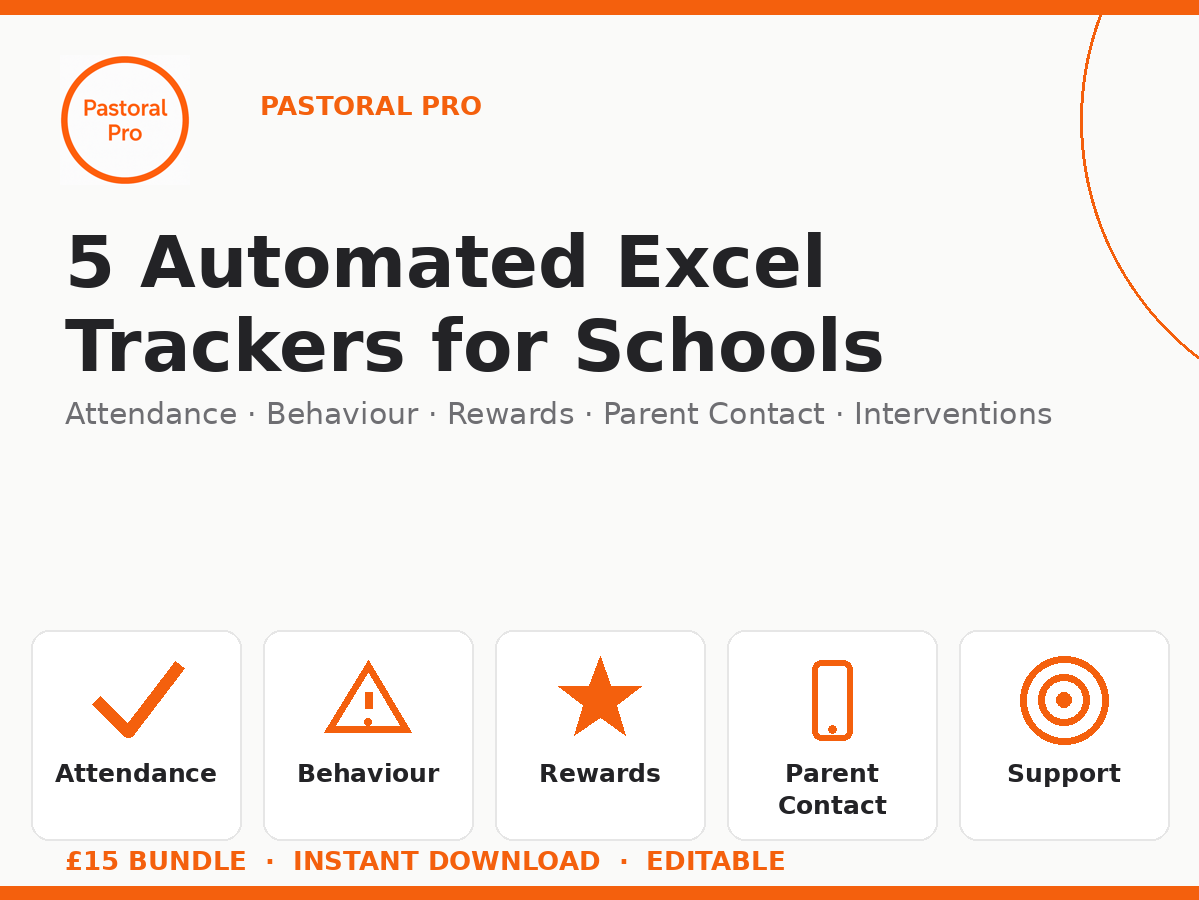 Pastoral Pro — 5 Automated Excel Trackers Bundle (Attendance, Behaviour, Rewards, Parent Contact, Interventions)