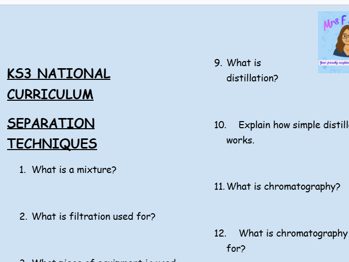 KS3 Chemistry: Separation Techniques – 30 Question Retrieval Worksheet