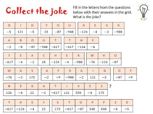 Adding and subtracting directed numbers - Collect a joke