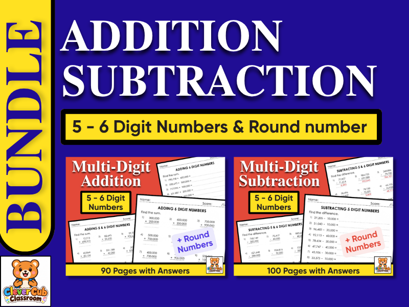 5 & 6 Digit Addition and Subtraction Worksheets | Large Numbers Math Bundle