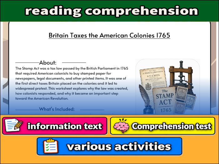 Britain Taxes the American Colonies 1765   & Comprehension Test