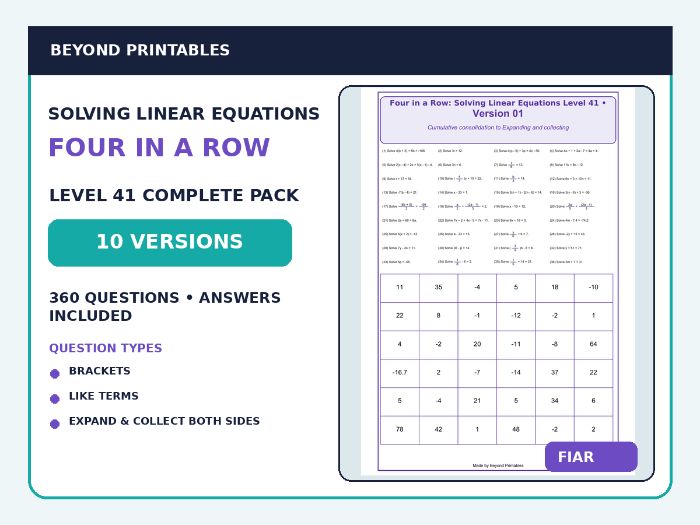 Solving Linear Equations Four in a Row | Mixed Expanding & Collecting : Level 41 | 10-Versions