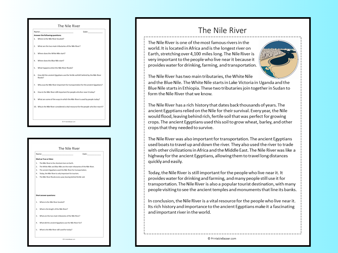 The Nile River Reading Comprehension Passage Printable Worksheet ...