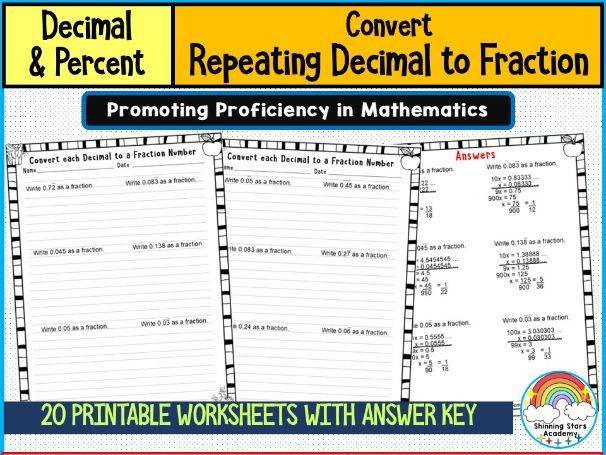 Convert Repeating Decimal to Fraction Worksheets | Math Conversion Practice