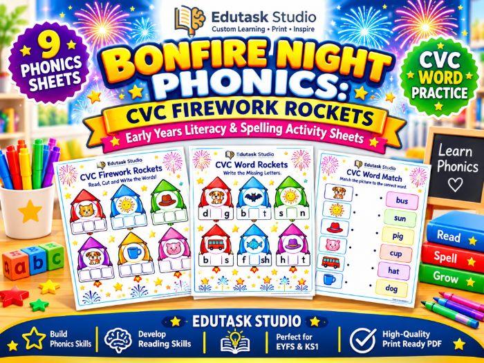 Bonfire Night Phonics CVC Firework Rockets | Early Years Literacy Activity Sheets