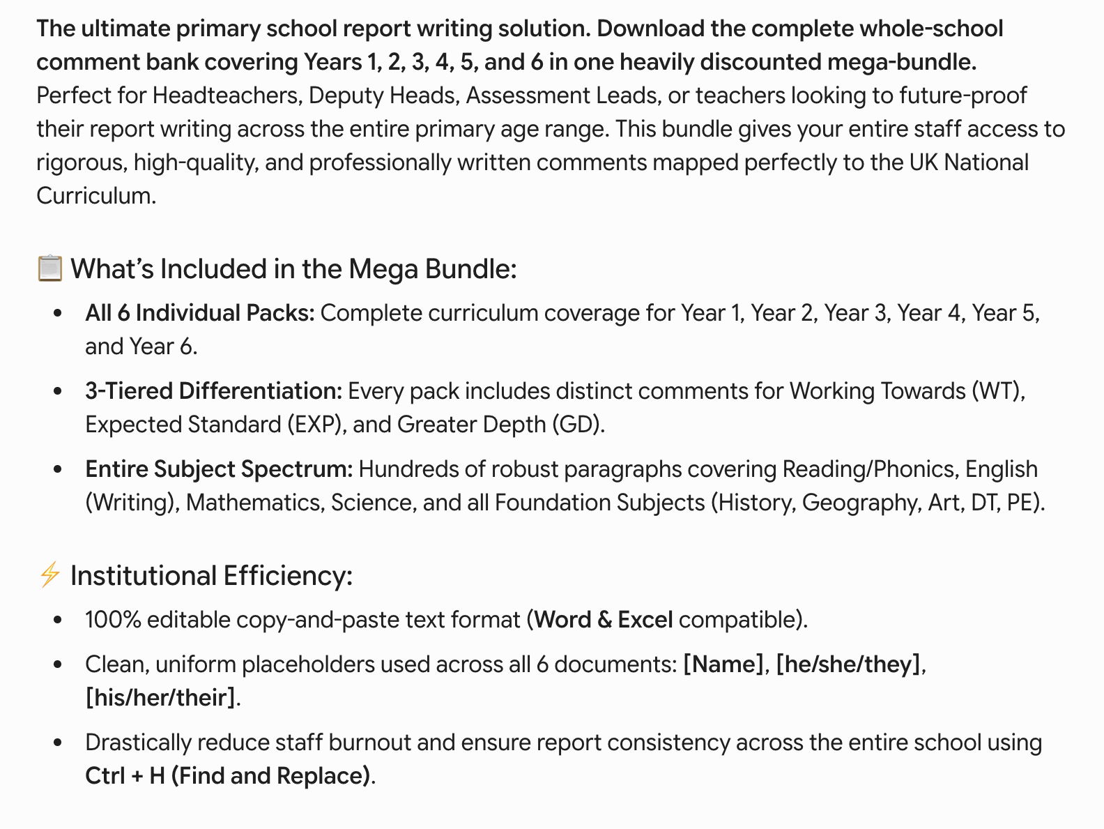 Whole School Report Comments Bundle - Years 1 to 6 Curriculum