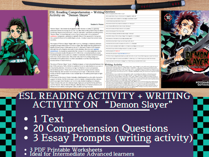 ESL Reading Comprehension + Writing Activity - Demon Slayer - Japanese Anime and Manga