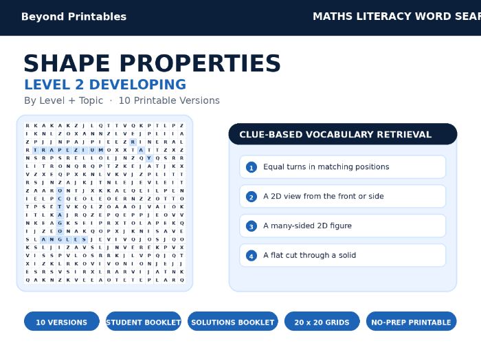 Shape Properties Level 2 Maths Word Search | 10 Printable Vocabulary Puzzles with Solutions