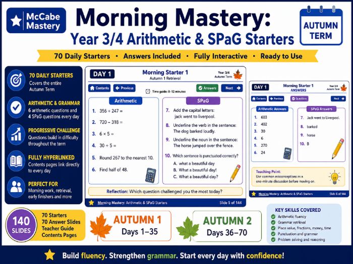 One a day for the term! Year 3/4 Arithmetic and Grammar Starters – Autumn Term | 70 Daily Activities
