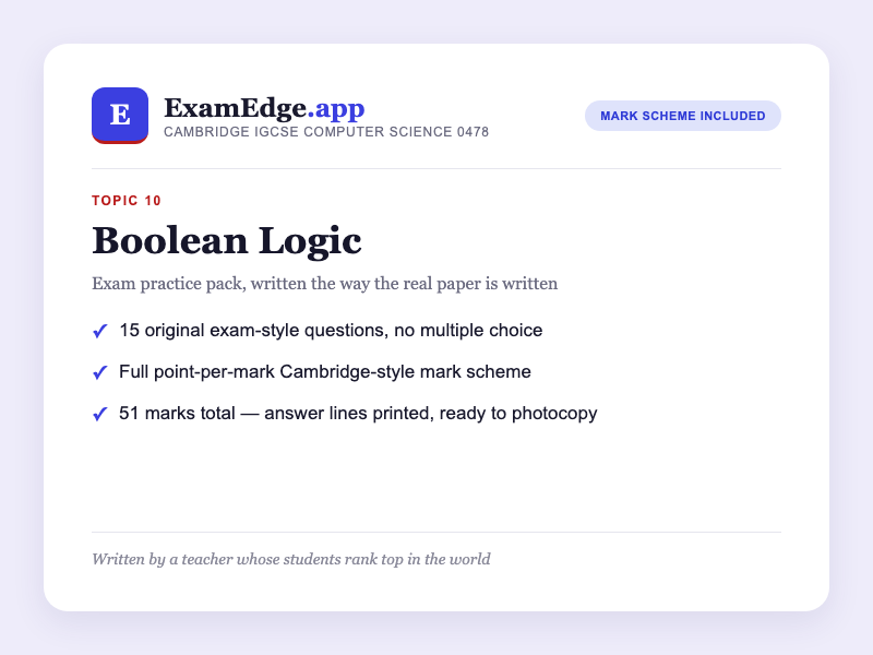 IGCSE Computer Science 0478: Boolean Logic Practice Pack + Mark Scheme