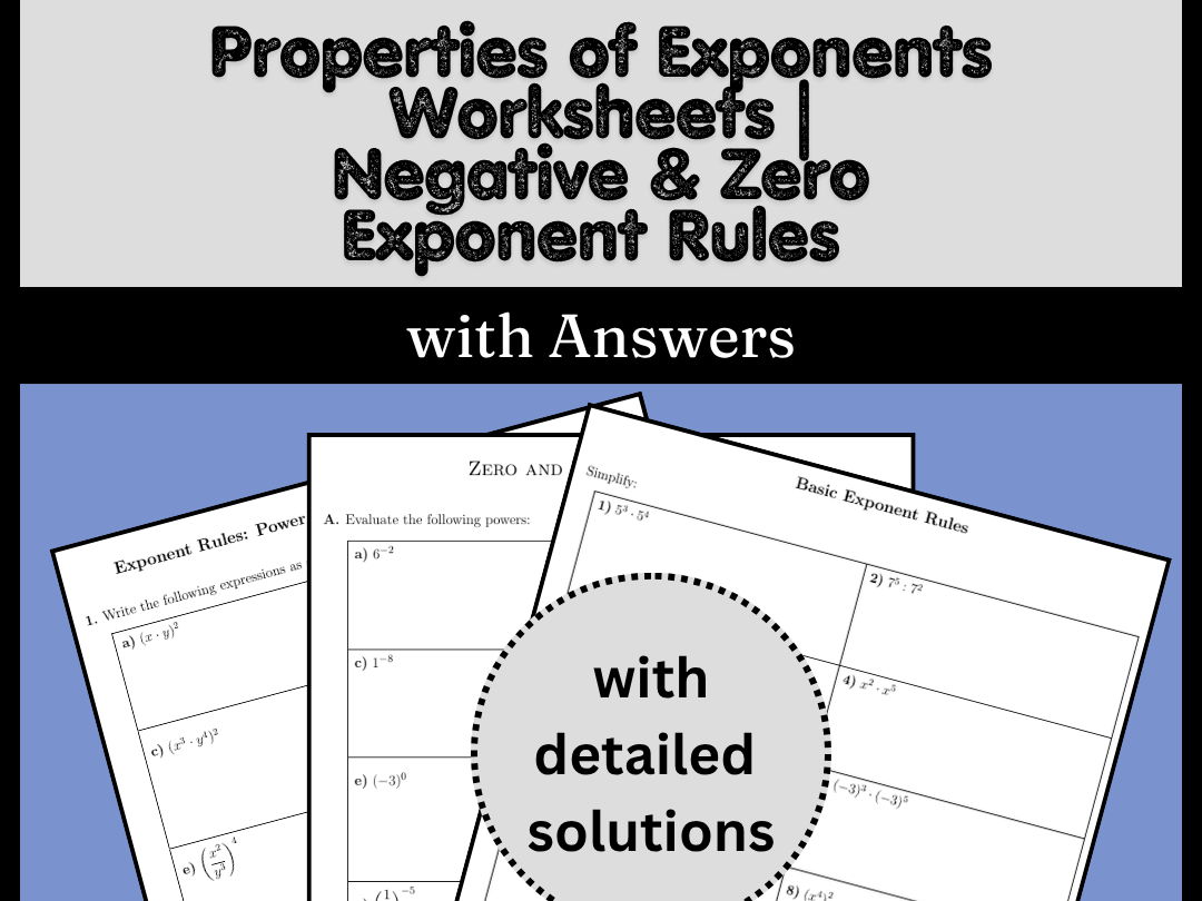 Properties of Exponents Worksheets | Negative & Zero Exponent Rules with Answers