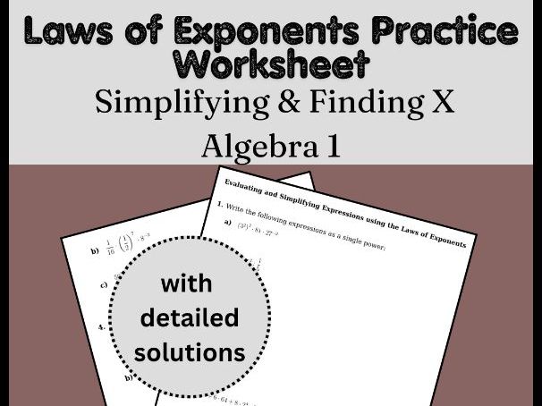 Laws of Exponents Practice Worksheet | Simplifying & Finding X | Algebra 1