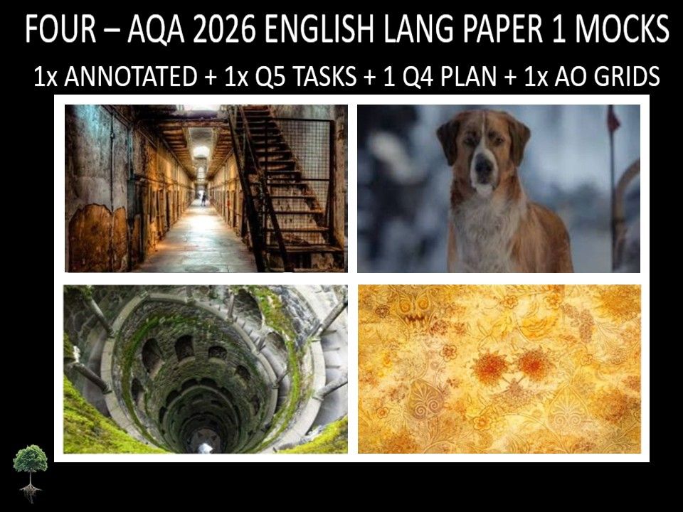 Four AQA 2026 English Language Paper 1 Mocks + Annotated, Q5 Tasks, Q4 Plan, AO Grids