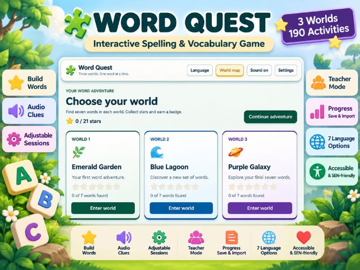 Word Quest – Interactive Spelling & Vocabulary Game | KS2 & SEN | Offline HTML